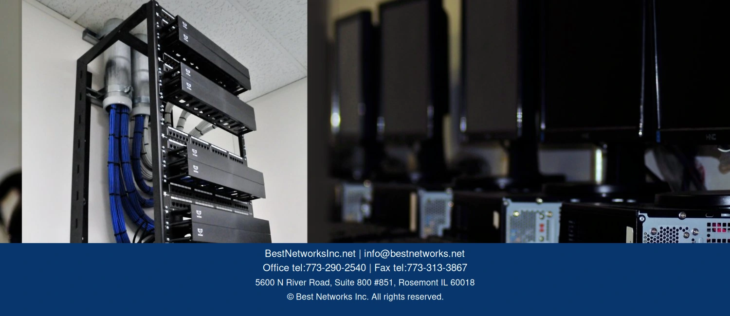 Network equipment photo collage showing a rack, cabling and business computers