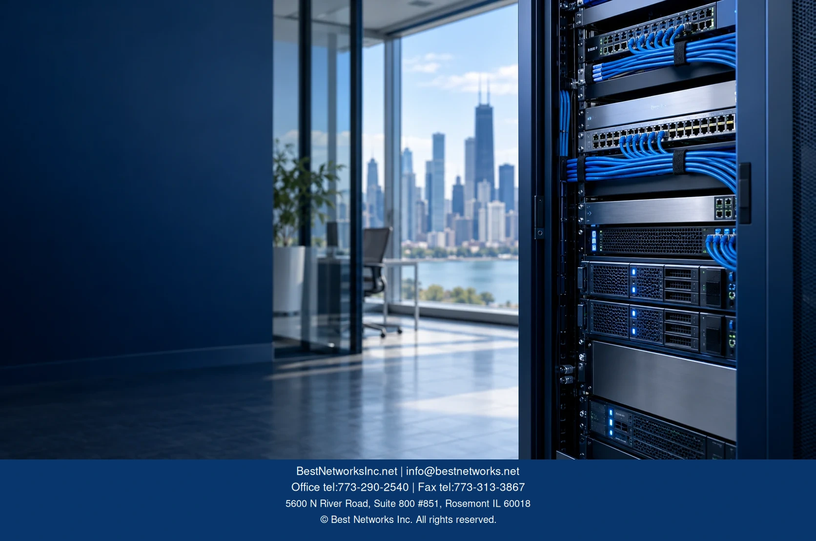 Illustration of an organized business network rack beside a Chicago skyline