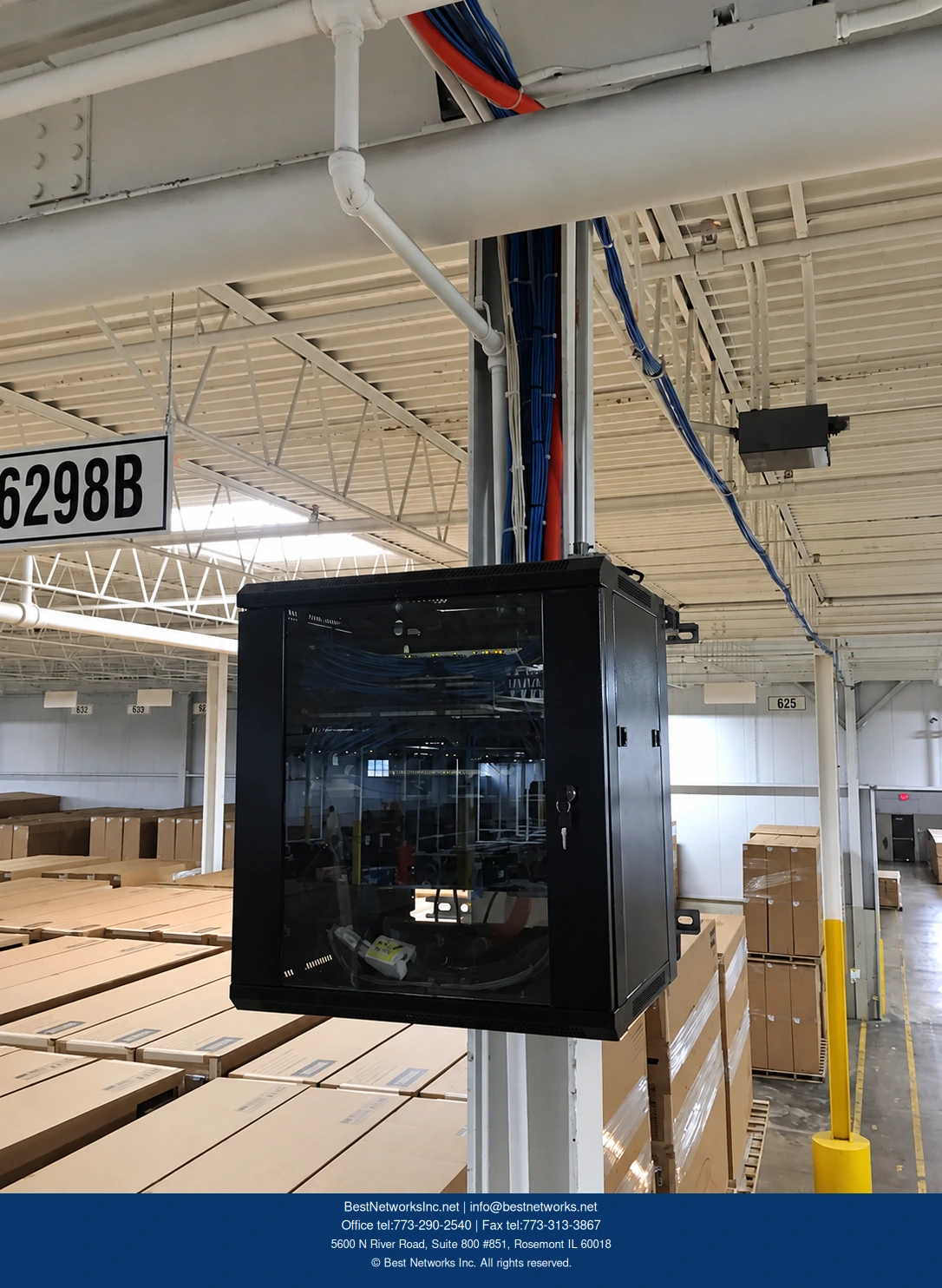 Warehouse network cabinet and overhead cabling — enhanced version of supplied photograph